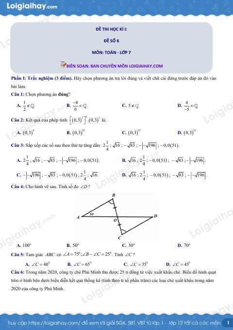 Đề thi học kì 1 Toán 7 - Đề số 6 - Kết nối tri thức